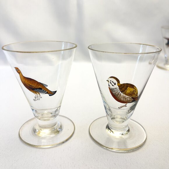 Hand-Painted Vintage Bird Glasses Set of 6 Gold Rim 4 oz Signed Base 3 1/2" H - Picture 3 of 11